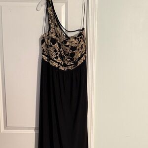 David's Bridal Black One-Shoulder Dress with Gold Embroidery